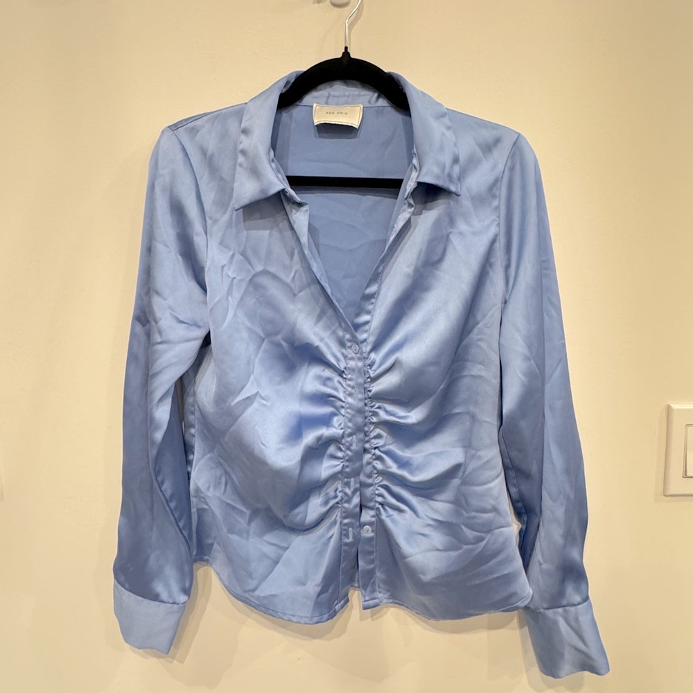 Blue Ruched Long Sleeve Blouse with Notched Collar